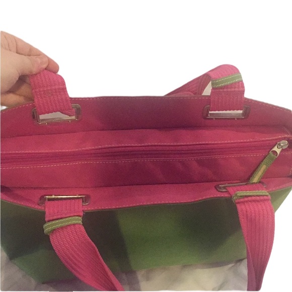 Kenneth Cole Pink and Green Preppy Canvas Tote Overnight Bag with Zipper - Picture 4 of 5